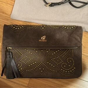 Hogan brown suede cross body /clutch bag, with brass studs. Two pockets. New